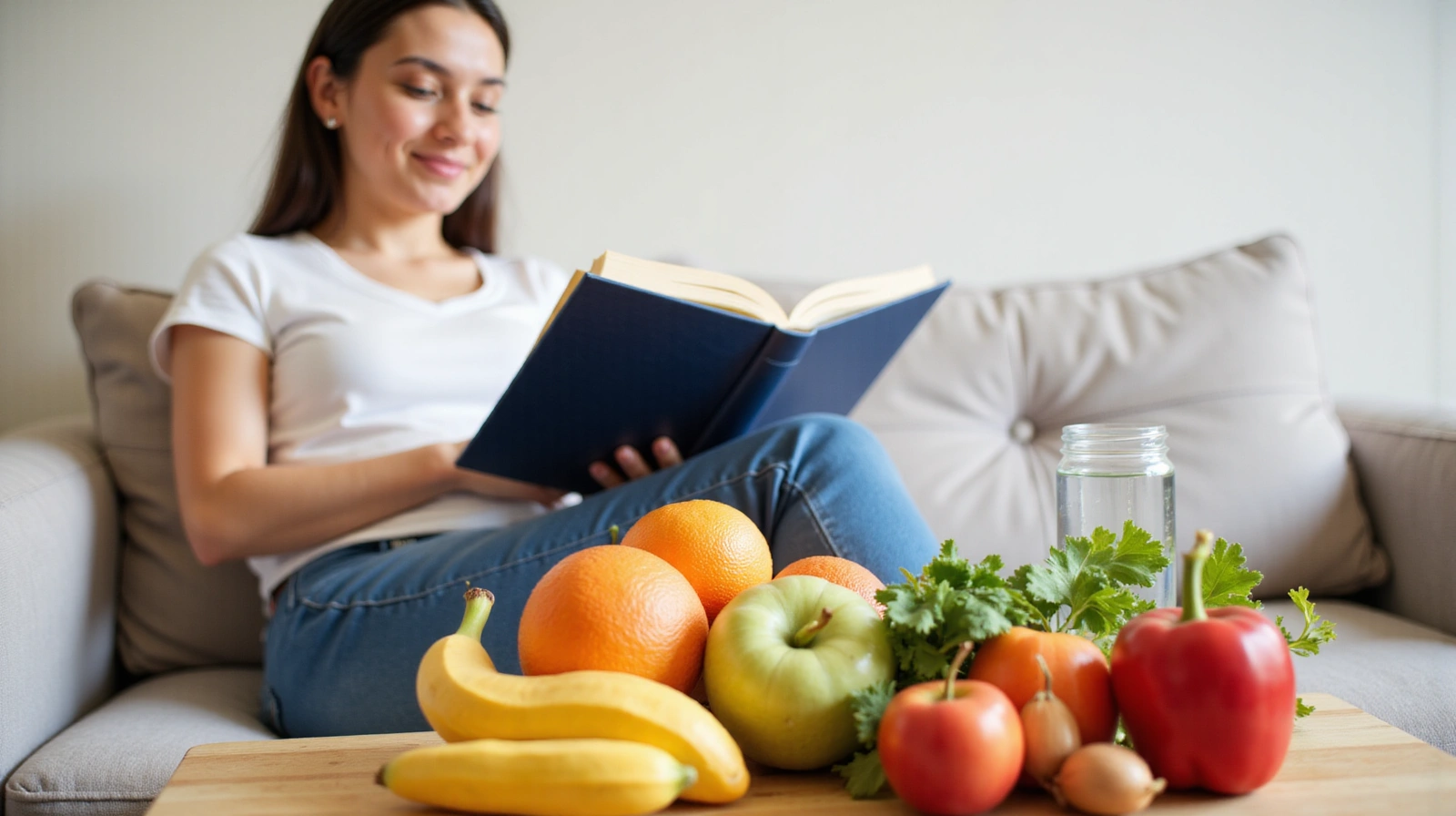Osoba čte knihu s ovocem a zeleninou poblíž, symbolizující zdravý životní styl a vzdělávání o výživě.