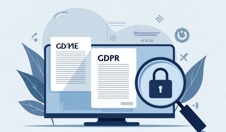 Ilustrace GDPR a soukromí dat s právními dokumenty a lupou