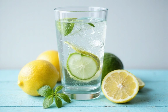 Článek o důležitosti hydratace s obrázkem sklenice vody a ovoce